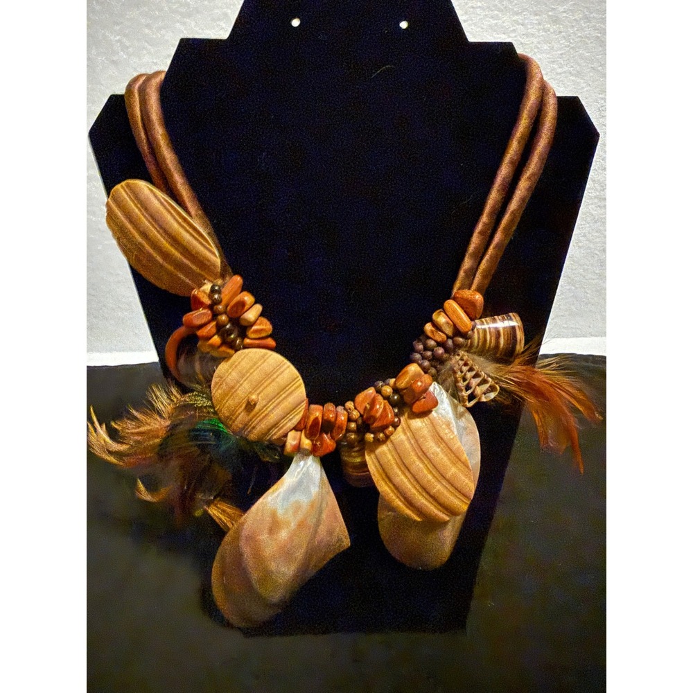 Handcrafted Wood Shell Peacock Feather Statement Necklace Brown Satin Cord 18in